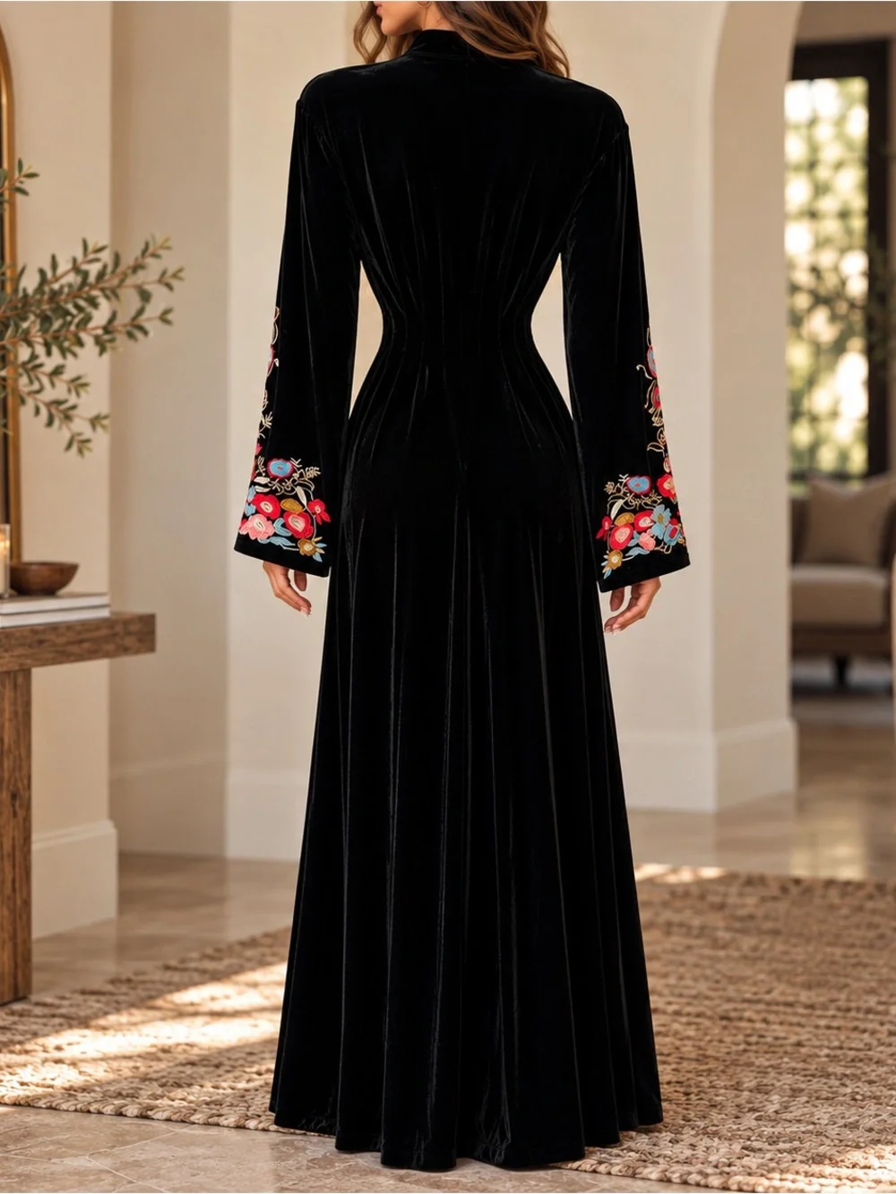 Medium | Dalia MacPhee | Black Velvet Maxi Dress + Floral Embroidery